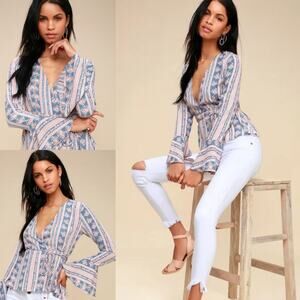 Lulus Womens Top Floral Wrap Blue Blush Soft Whimsical Fairy Boho Hippie XSmall